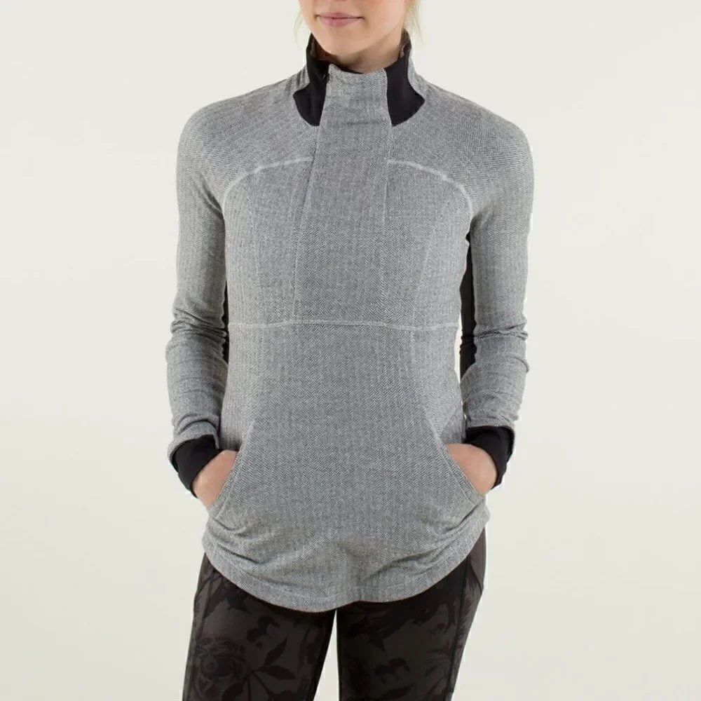 Lululemon Base Runner 1/2 Zip Heathered Herringbone Heathered Black White Black